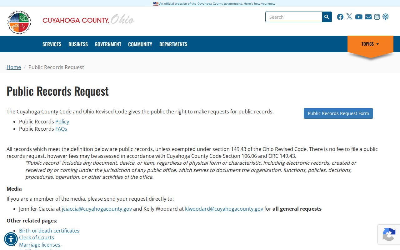 Rocky River residents directory image of Cuyahoga County public records request page