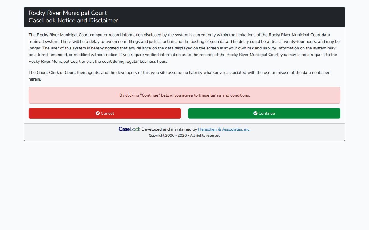 Rocky River resident lookup name search form in Municipal Court CaseLook